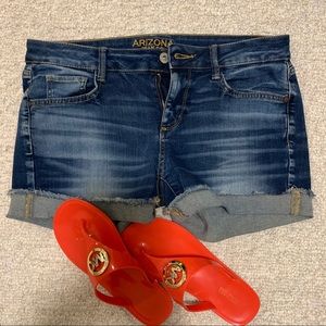 Arizona mid rise distressed denim shorts 9